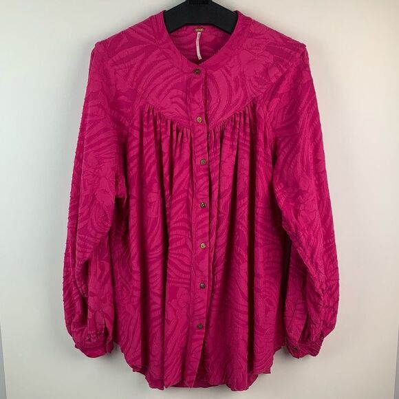 Free People Bright Pink Can't Stop Dreaming Tunic button up blouse oversized S - Picture 4 of 14